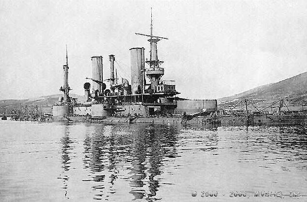 The Russian pre-dreadnought battleship Poltava sunk at Port Arthur as a result of bombardment by Japanese land based artillery d