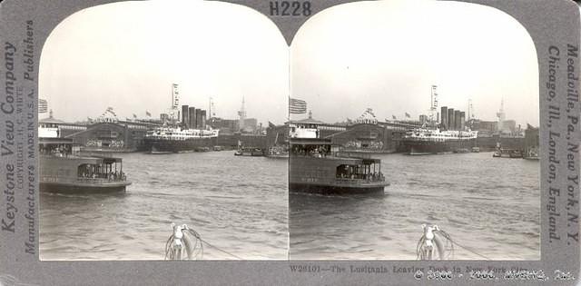 RMS Lusitania leaving New York dock.