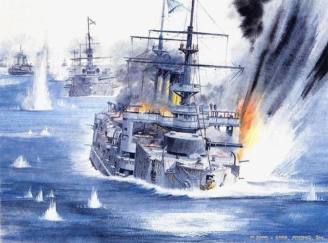 Artist view of the "Oslyaba" in Tsusima. This depiction portrays a "Borodino" class battleship as next in li