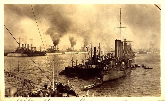 Great White Fleet at Gibraltar, with Russian Battleships in Foreground