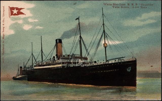 White Star Line, R.M.S. "Republic"

Twin Screw, 15,400 Tons

6777 Published by Hugo Lang & Co., Liverpool

Cour